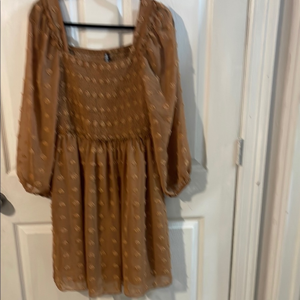 Elegant Long Sleeve Smocked Dress in Brown - Picture 2 of 11